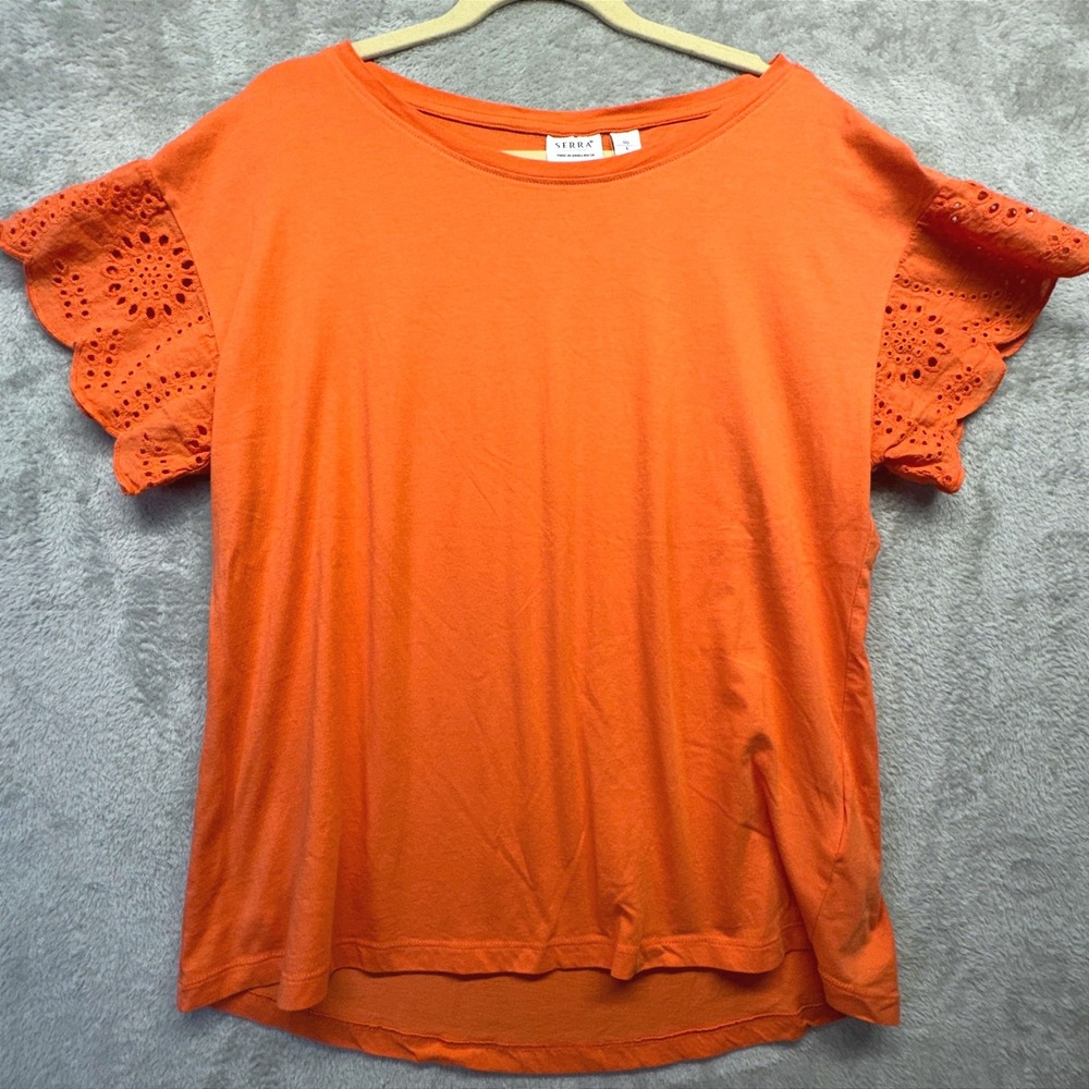 Serra Womens Large Eyelet Flutter Sleeve Top 100% Cotton Boho Casual Cottagecore